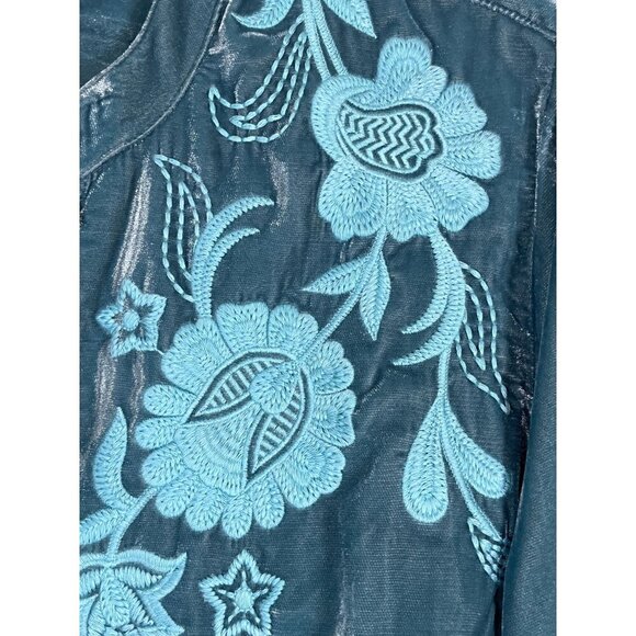 Soft Surroundings Floral Top L Blue Embroidery Tunic Boho Western Old Money Chic - Picture 7 of 12